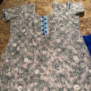 Floral Gray Kurti Set with Blue Accents
